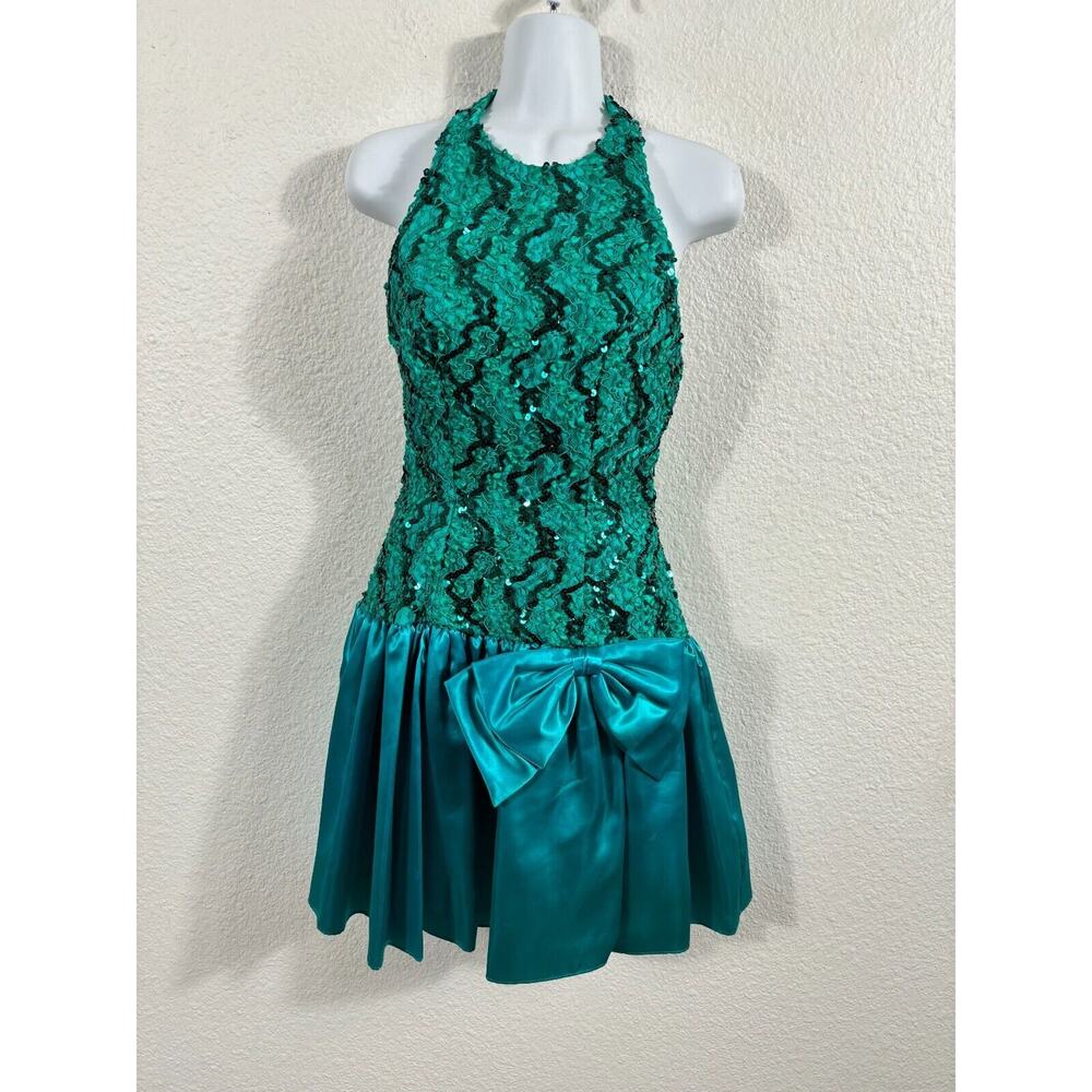 Vintage 1980s Prom Dress Size XS/S Teal Sequin Multicolor Mini Halter Bow‎